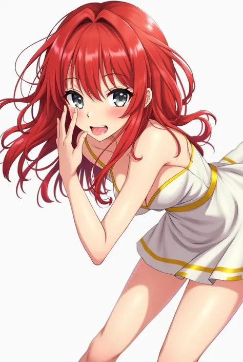 Cute sexy anime Long red hair, Bangs are straight, grey eyes, white dresses , yellow accessories from dress , sexy pose, blushing smile and Keeps the screen squealing Close to screen And like a crazy woman she sticks out her tongue