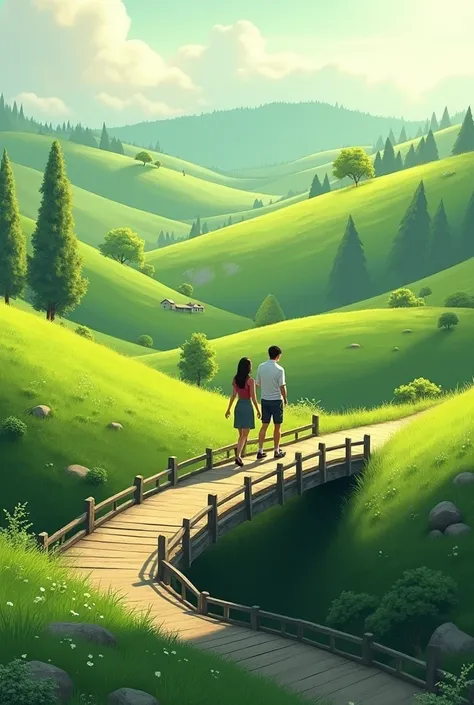 Create a green hills with bridge with a couple of man and woman 