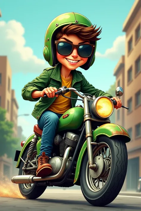 create a caricature of a teenage boy wearing sunglasses wearing a green helmet and a green jacket riding an old motorbike with a green fuel tank
