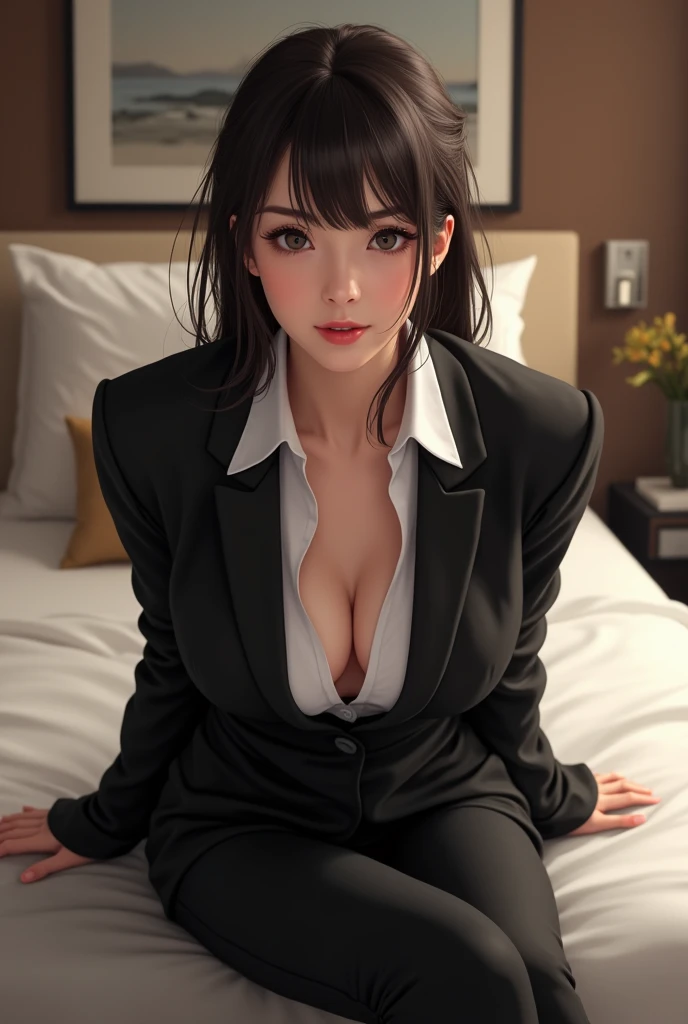 Japanese woman in a black suit。career woman。In 、Blouse and shirt with open chest。Sitting on the bed、Come this way、Leaning forward、Looking up and gazing