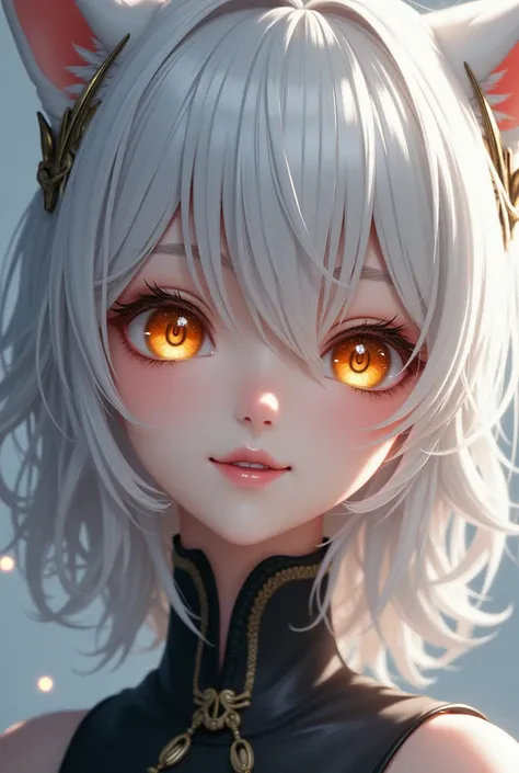 Platinum shoulder length hair, white hair ends, golden eye, the left eye is hidden behind the bangs, Fox smile, Young woman, 