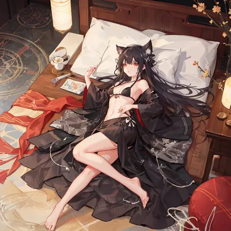 Beautiful woman lying in bed，grab the pillow((4K, masterpiece, best quality)), ink painting, traditional Chinese ink painting, lotus, han dress, maxi kit, modest outfit single girl, solo, gray hair, long hair, fox ears, Caucasian, Bikini, Fish, lots of fis...