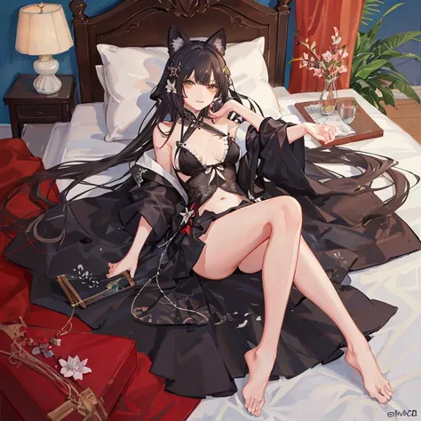 Beautiful woman lying in bed，grab the pillow((4K, masterpiece, best quality)), ink painting, traditional Chinese ink painting, lotus, han dress, maxi kit, modest outfit single girl, solo, gray hair, long hair, fox ears, Caucasian, Bikini, Fish, lots of fis...