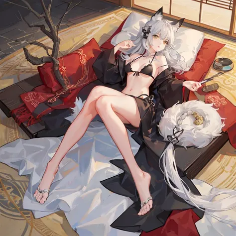 Beautiful woman lying in bed，grab the pillow((4K, masterpiece, best quality)), ink painting, traditional Chinese ink painting, lotus, han dress, maxi kit, modest outfit single girl, solo, gray hair, long hair, fox ears, Caucasian, Bikini, Fish, lots of fis...