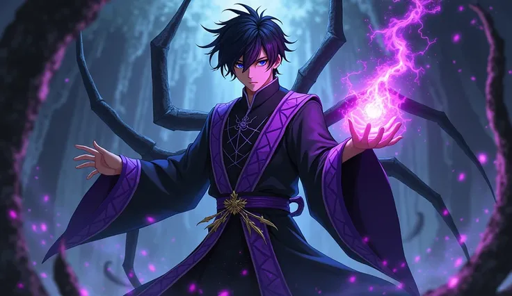 anime boy Focus on men. He has short black hair and his right eye is hidden by his hair. blue eyes. Wearing a black ancient Chinese costume with purple trim and a spider web pattern.There are large spider legs on the back.Purple light effect.The background...