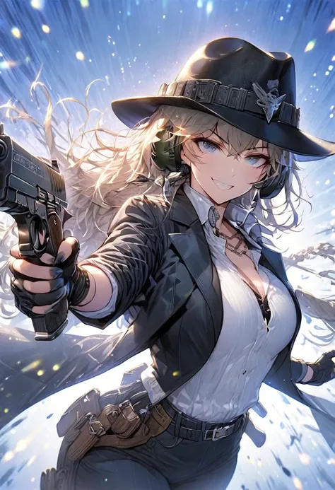 Masterpiece, Dynamic, A girl with a machinegun wearing black mafia suit and a black borsalino hat smiling wickedly, mafia, dark-themed