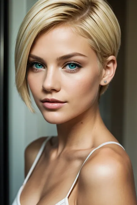 Woman with short blonde hair and green eyes 