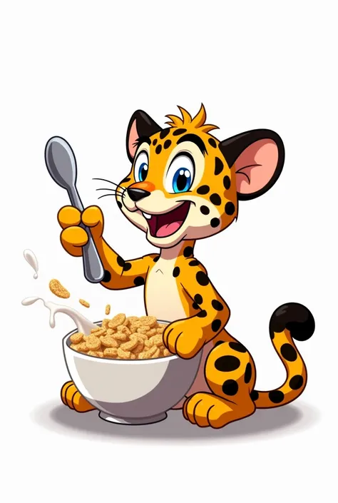 a happy jaguar with blue eyes eating cereal ,  on a white background. the drawing is in the cartoon network style