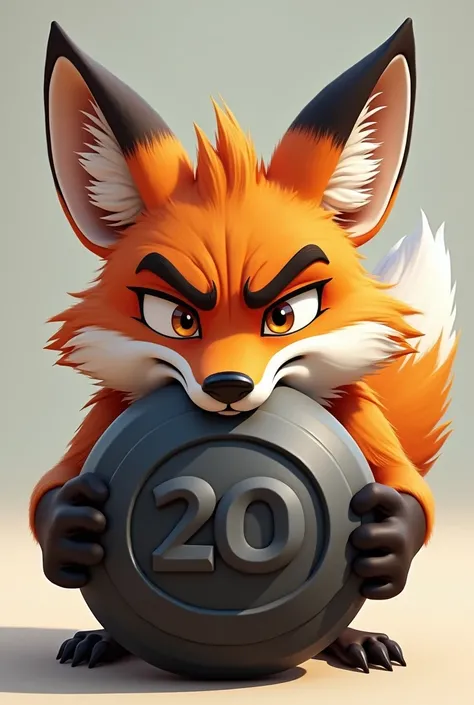 Images of an animated fox face with a 20kg weight in its mouth that looks manly