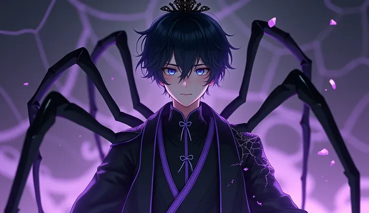 3D anime boy Focus on men. He has short black hair and his right eye is hidden by his hair. blue eyes. Wearing a black ancient Chinese costume with purple trim and a spider web pattern.There are large spider legs on the back.Purple light effect.The backgro...