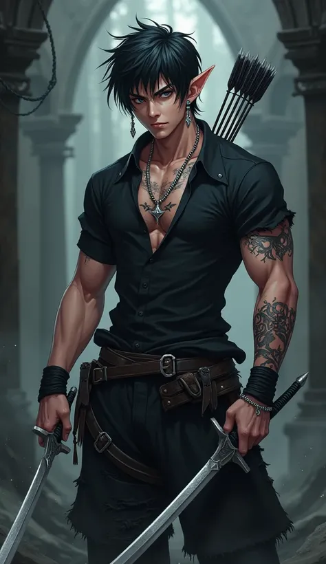 anime-style, masculine, Dark Elf, young adult, two short swords in his hands, small bow and arrow quiver on the back, silver eyes, short and black hair, Elf ears with silver earrings, silver hoop jewelry around the upper arms, black top with short sleeves ...