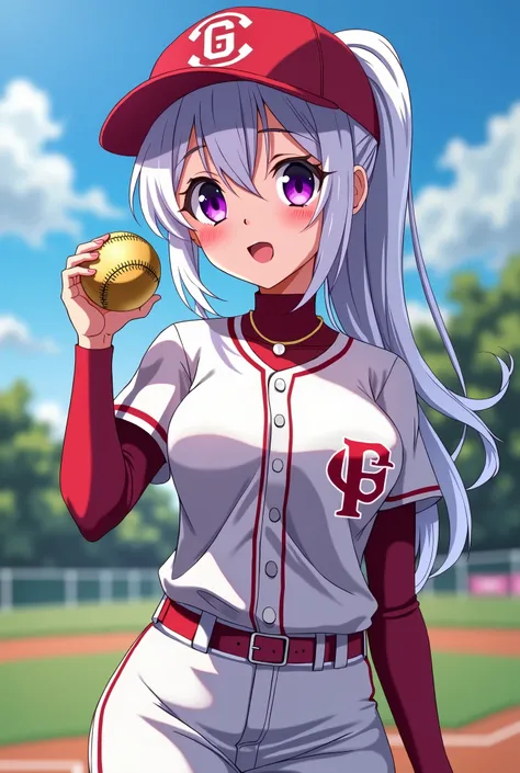 HD、Animation style、white hair 、Purple Eyes、girl、High school student 、single ponytail、Baseball player、light colored clothes、Long sleeve red underwear、plump breasts