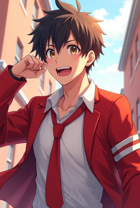  high school boy with spirit in his face, his body is high and atletic wear a uniform school with red almamater and red tie in anime style