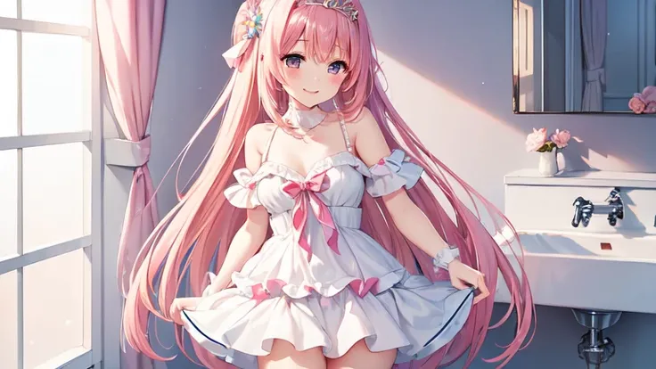 looking into the distance、hands behind、Stockings、mini skirt、Swimsuit、dress、dress、Bathrobe、pink hair、、best style、excited、best quality、Highest image quality、Slender、beautiful tiara、high quality、Happy smile、Sexy、extremely good、super high quality、Super detaile...