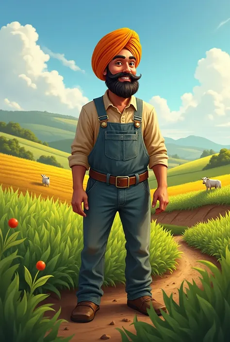 a farmer at the farm and place a logo name ravi singh sidhu with happy face