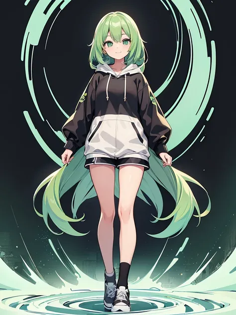 masterpiece,high quality,1 girl,full body,standing,blonde long hair,extremely detailed face,smile,simple background,wallpaper, Masterpiece,High Quality,(Full Length 1.2),Animated Standing, Black Shorts,(Black and White Open Hoodie),Black Open Hoodie,(Green...