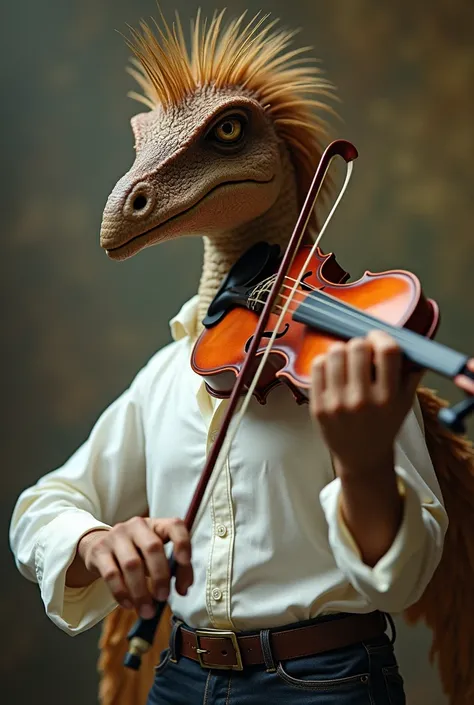 pterodactyl in white shirt with hairs on head standing up playing violin