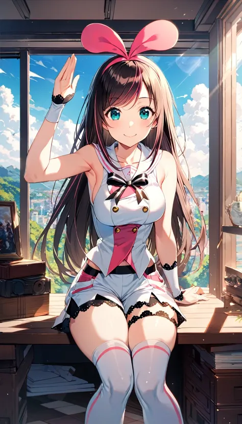 16K,One girl, Kizuna Ai (Kizuna Ai), Kizuna Ai, ,○fficial style,smile,:○,cute,Thick thighs,Large Breasts,Natural light,studio，Pose with your hands， (masterpiece, Highest quality),,Detailed landscape,l○○king view,p○v,white backgr○und 