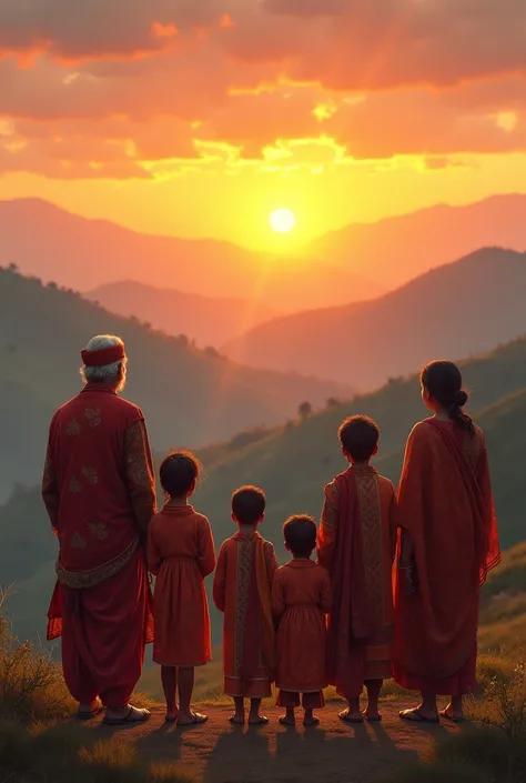  6boys 2girls with old parents watching sunset in nepali traditional dress 