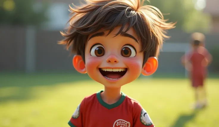 A boy named Lucas smiling and wearing a slightly torn soccer jersey. 