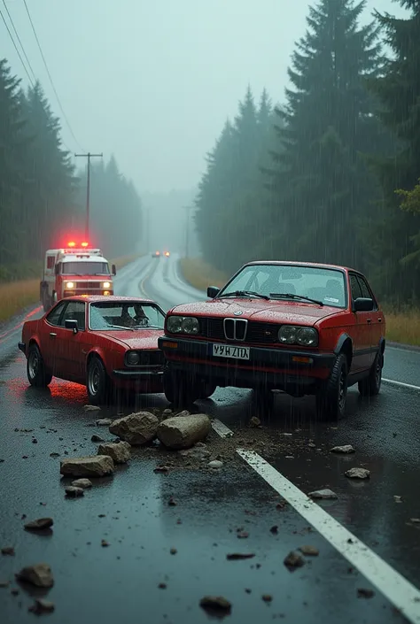 A car has a serious accident colliding with another car on a road on a rainy day 