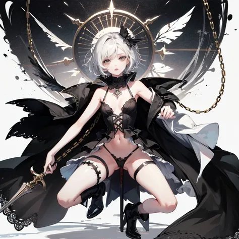  ((best quality)), ((masterpiece)), (detailed), 1girl, Character design, female, dynamic poses, long white grey hair, grey white eyes, very skinny, detailed, best quality, no accesoires around the neck, no shoes, prominent collarbones, skinny arms, flat st...