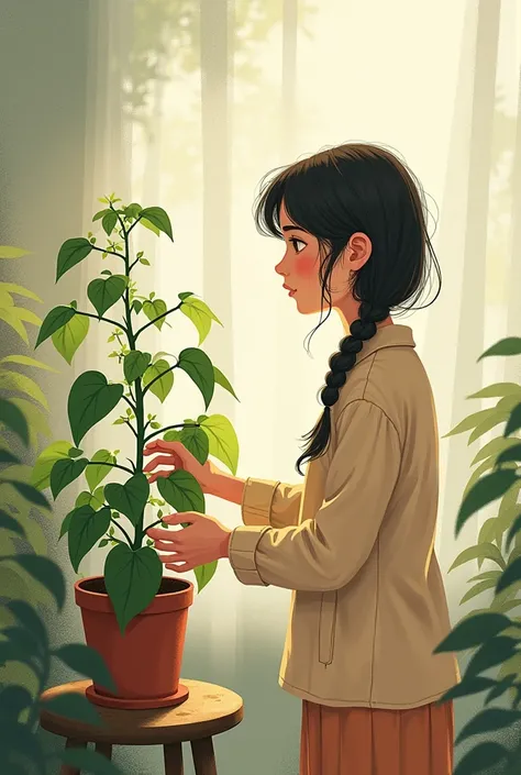 An illustration showing Zezé already a little older, interacting with your plant in a more thoughtful way. The environment should reflect the growth and changes in Zezé&#39;s life., showing the plant as a symbol of the past and present.