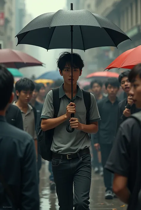 A young man carrying umbrella while people around him are shocked 