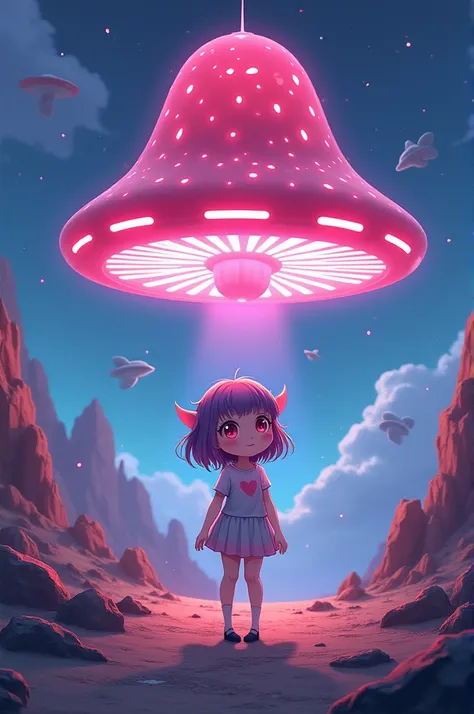 Anime girl who is an alien. Her spaceship flies above her and looks like a neon mushroom