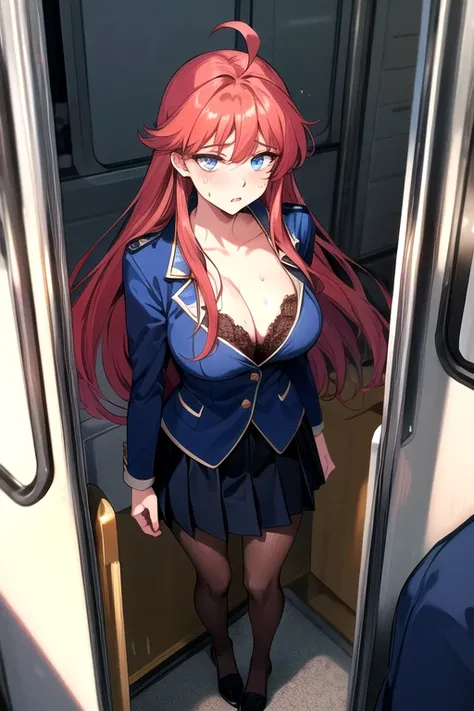 masterpiece, Highest quality, High resolution, Redhead＿Straight long hair、Ahoge、blue eyes、　1990s (style),、(Big Breasts)、Sweating all over the body、vapor、、on the train、Full body image、From above、Navy blue blazer uniform、Micro Mini Pleated Skirt、black lace b...