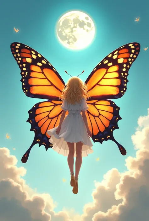 1 blonde girl ,combine, butterfly wings, nice clothes,(High resolution, High detail, Best Quality), flying in daytime sky with moon in the center