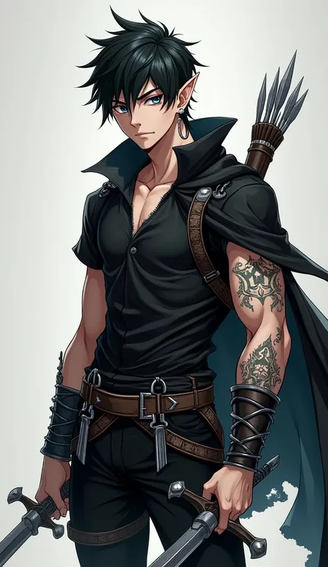 anime-style, masculine, Dark Elf, young adult, a bit small, two short swords in his hands, small bow and arrow quiver on the back, silver eyes, short and black hair, Elf ears with silver earrings, silver hoop jewelry around the upper arms, black top with s...