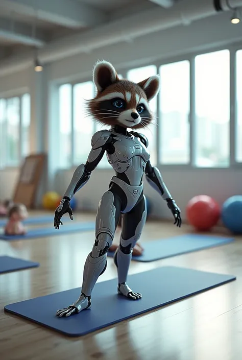 Raccoon girl in cyber suit doing pilates , in the studio for pitales. There is sports equipment around her.. The picture is bright and light. High quality background