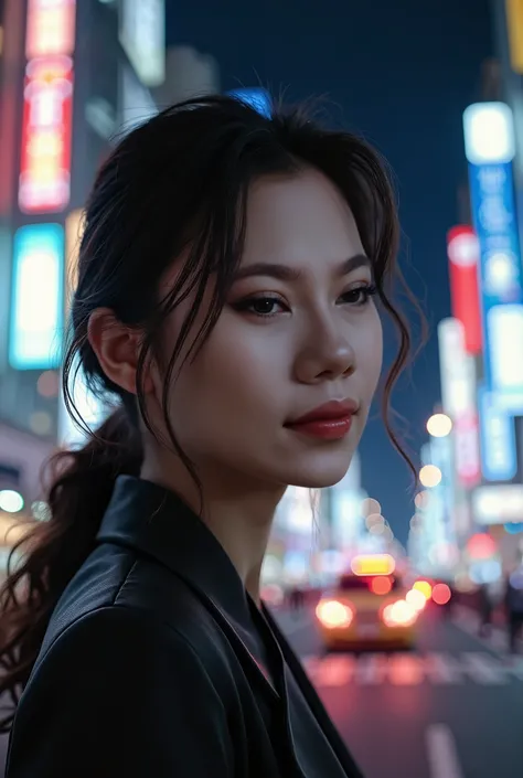 1girl, Tokyo street,night, cityscape,city lights, upper body,close-up, 8k, RAW photo, best quality, masterpiece,realistic, photo-realistic,