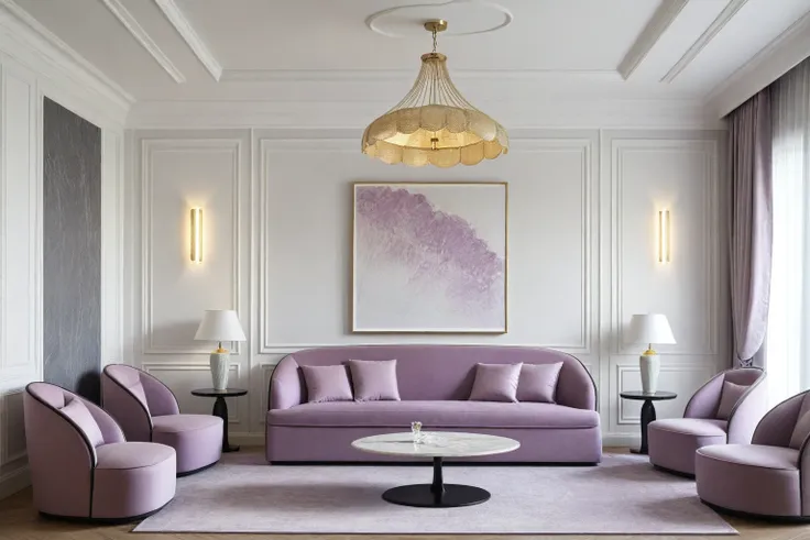 neoclassical livingroom interior, white tone, wooden floor, gray carpet, ceiling light, light purple sofa and flower, picture, w...