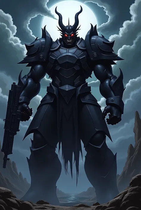 Create a demon wearing a black armour and holding a gun in backgrond add solo leveling anime and write SOORYA on armour