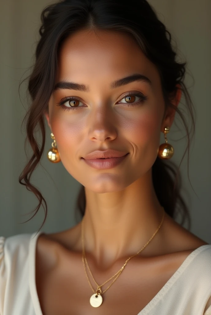 A Brazilian woman, eyes browns, wearing a discreet gold necklace and earrings.