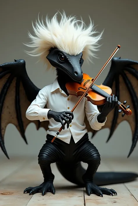 black pterodactyl, with white shirt, head hairs standing up, Playing the violin