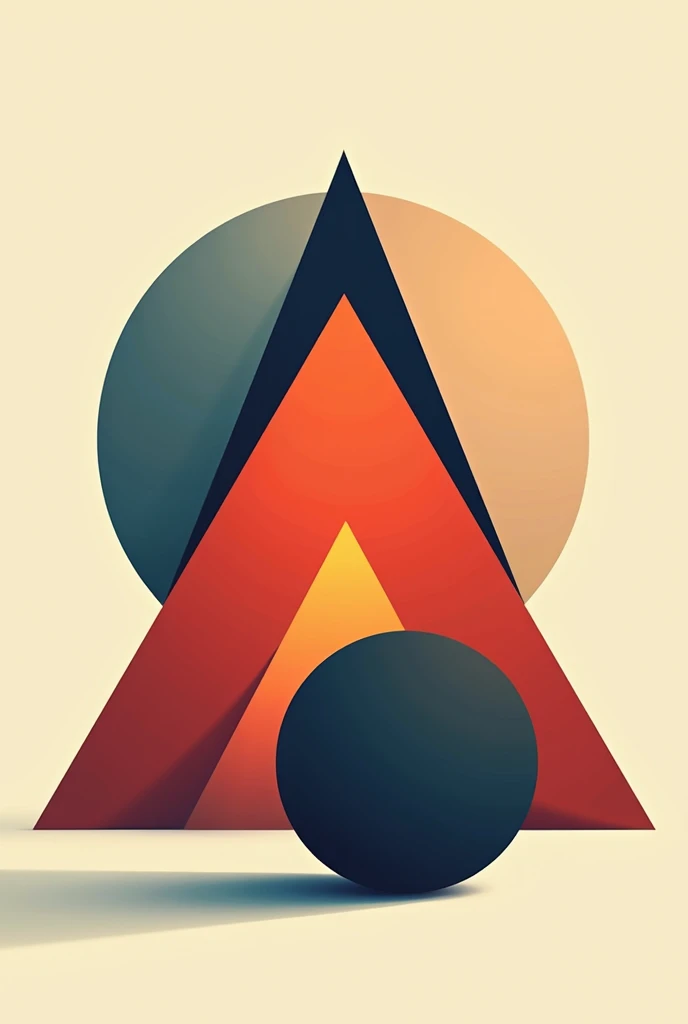 With a triangle in the background , the main image is a geometric shape that interacts in the background with another distinct geometric shape, both with different colors