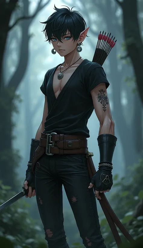 anime-style, masculine, Dark Elf, young adult, a bit small, two short swords in his hands, small bow and arrow quiver on the back, silver eyes, short and black hair, Elf ears with silver earrings, silver hoop jewelry around the upper arms, black top with s...