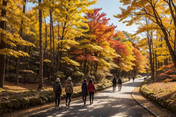 Autumn forest: In the forest where colorful autumn leaves spread、People walking along the path々。As the leaves fall、Warm light on the tree々Inserted between。