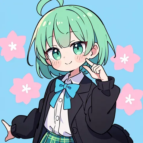 High resolution (Only the face) (Head only) smiling 1 person round face short hair ahoge bobby green eyes collared_shirt frilled_shirt_Color Free Joint_skirt frills 髪_bow 髪_ornament black jacket green hair plaid plaid_リボンチェック shirt shoelaces shoes 立っている スカ...