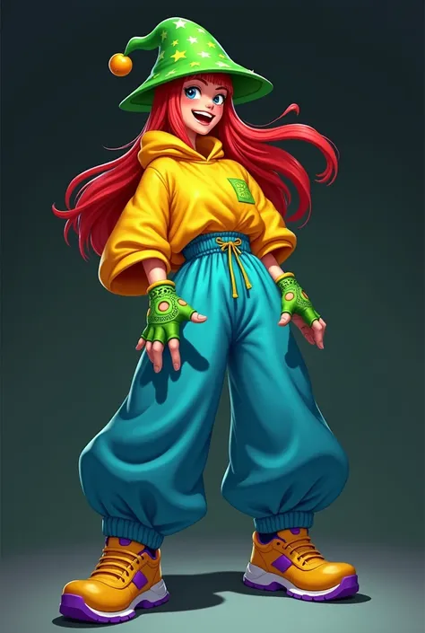 green star rapper hat, blue long loose bottoms, yellow top on black, green cut gloves, yellow purple shoes, red long hair, happy