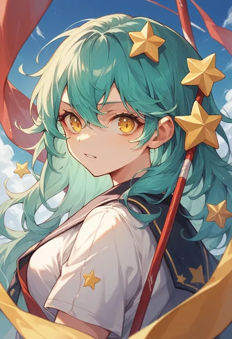 Girl with long dark turquoise hair, yellow eyes, yellow star pin in her head. With a flag with three colors, red down, blue on the left with one star and white on the right 