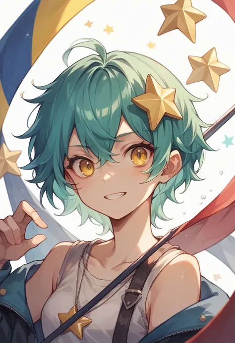 Girl with long dark turquoise hair, yellow eyes, yellow star pin in her head. With a flag with three colors, red down, blue on the left with one star and white on the right 