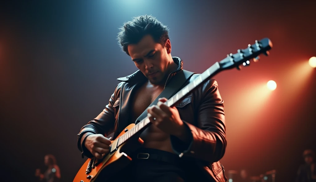 "A dramatic close-up of a strong, muscular male guitarist with striking black hair, in the midst of an intense metal solo. He wears a form-fitting, deep crimson leather outfit that accentuates his physique, with the jacket partially. The outfit is stylish ...