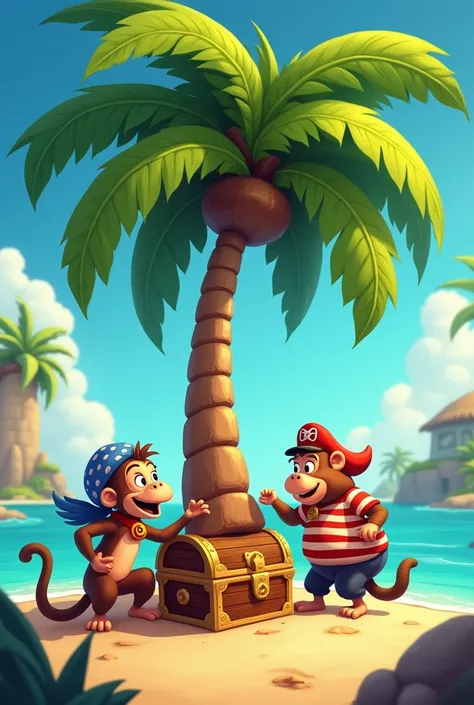 pirates monkey, the parrot and the pig they found a treasure under a palm tree 