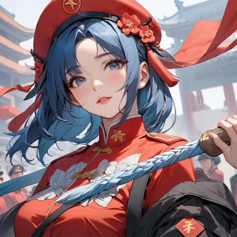 ((Highest quality)), ((masterpiece)), (detailed), （Perfect Face）、The woman is Extia and has blue hair.、The woman is wearing the Chinese Communist Party&#39;s Mao suit.