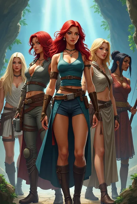 Women ,Red-haired rogue in clothes, brunette warrior in short armor, Asian mage in short clothes , blonde barbara in short clothes, Indian priestess, African archer in short clothes all women 