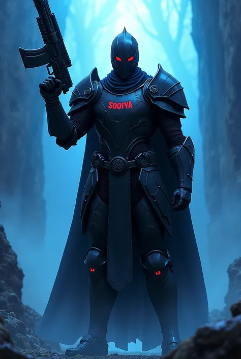 Create a knight wearing a black armour and red eyes holding a gun in backgrond blue light and write SOORYA on armour in anime version